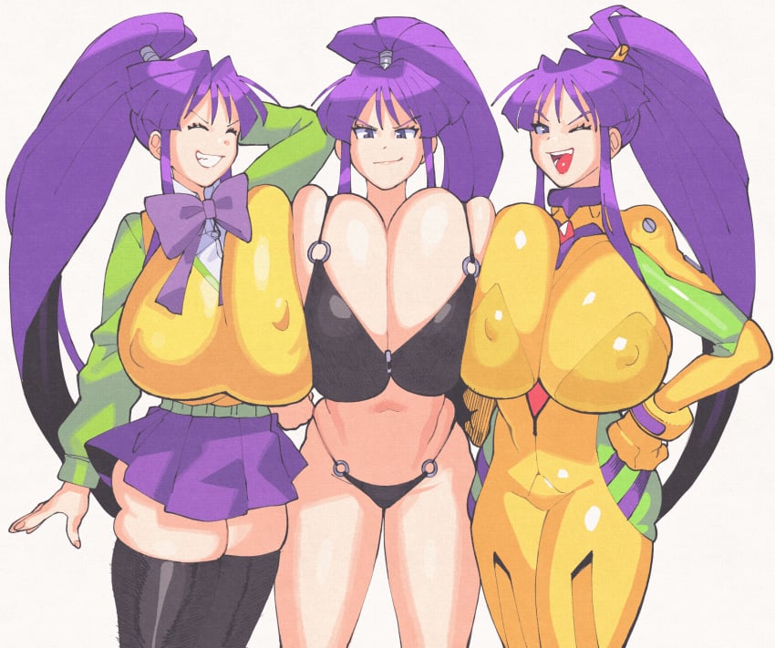 3girls arm_behind_head bikini black_thighhighs blunt_bangs bodysuit bow breast_press breasts cleavage commission commissioner_upload covered_erect_nipples eiken hair_tie hand_on_own_hip highres huge_bow huge_breasts inkerton-kun long_hair mecha_pilot_suit miniskirt misono_kirika multiple_girls navel neon_genesis_evangelion non-web_source o-ring o-ring_bikini o-ring_bottom o-ring_top open_mouth plugsuit ponytail purple_bow purple_eyes purple_hair purple_skirt school_uniform sidelocks skindentation skirt smile smug sweater_vest swimsuit symmetrical_docking teeth thighhighs tongue very_long_hair yellow_bodysuit yellow_sweater_vest zashono_academy_school_uniform