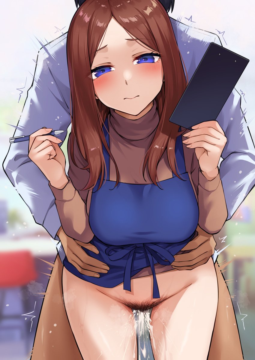 1boy 1girls absurdres apron black_hair blue_apron blue_eyes blurry blurry_background bottomless breasts brown_hair brown_sweater commentary_request female female_pubic_hair go-toubun_no_hanayome highres holding holding_menu holding_pencil kinoe_tsuki kouzuki_(majc8345) large_breasts long_hair menu nakano_miku open_mouth pencil pubic_hair sex sex_from_behind shirt short_hair standing standing_sex straight sweater thighs white_shirt