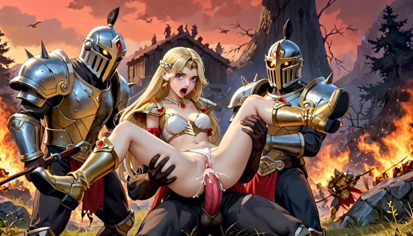 ai_generated armor armored_boots armored_female battlefield blonde_hair cum cum_in_pussy demon fight fighting gangbang gangrape gold_(metal) gold_jewelry held_up knight long_hair original_character pain panties pussy rape red_jewel red_lipstick scared spread_legs terror139 vaginal_penetration vaginal_sex war warrior_princess_miranda white_skin