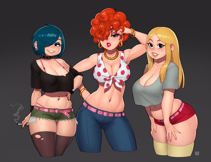 2020 3girls belt big_breasts blonde_female blonde_hair blue_eyes blue_hair bracelet breasts cartoon_network choker cigarette cleavage clothed crop_top earrings ed_edd_n_eddy eyeshadow female female_focus female_only freckles hair_over_one_eye kanker_sisters large_breasts lee_kanker lipstick looking_at_viewer marie_kanker may_kanker navel navel_piercing nose_piercing red_hair rizdraws shorts smile stockings thick_thighs thighs tied_shirt