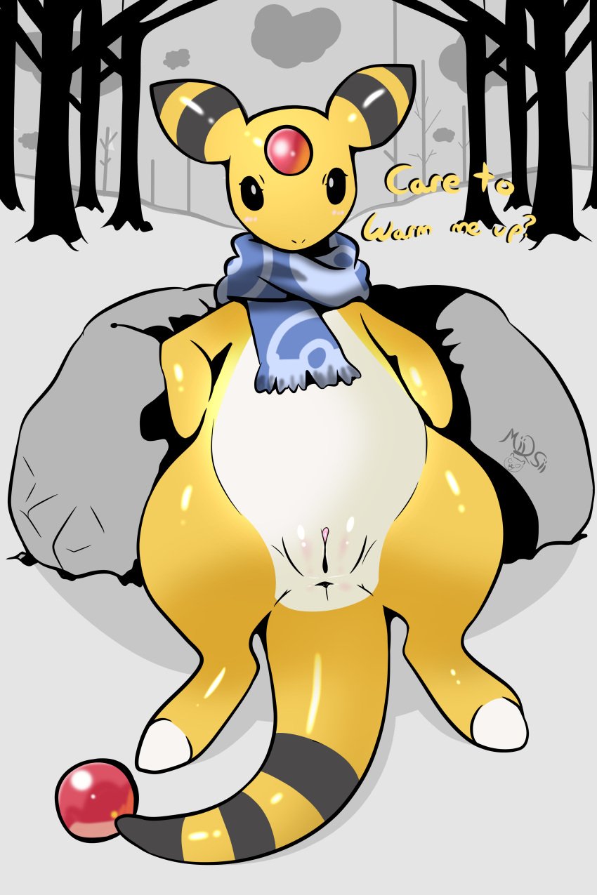 absurd_res ampharos anthro aroused belly black_stripes blush blush_lines bodily_fluids circle clitoris english_text female feral front_view fur gem generation_2_pokemon genital_fluids genitals grey_background hi_res inviting long_neck long_tail looking_at_viewer lying mii2sii multicolored_body nintendo on_back plant pokemon pokemon_(species) presenting presenting_pussy pussy red_gem short_arms signature simple_background sky slightly_chubby snow solo speech_bubble spread_legs spreading stripes tail tailbutt text tree two_tone_body vaginal_fluids white_body white_fur yellow_body yellow_fur