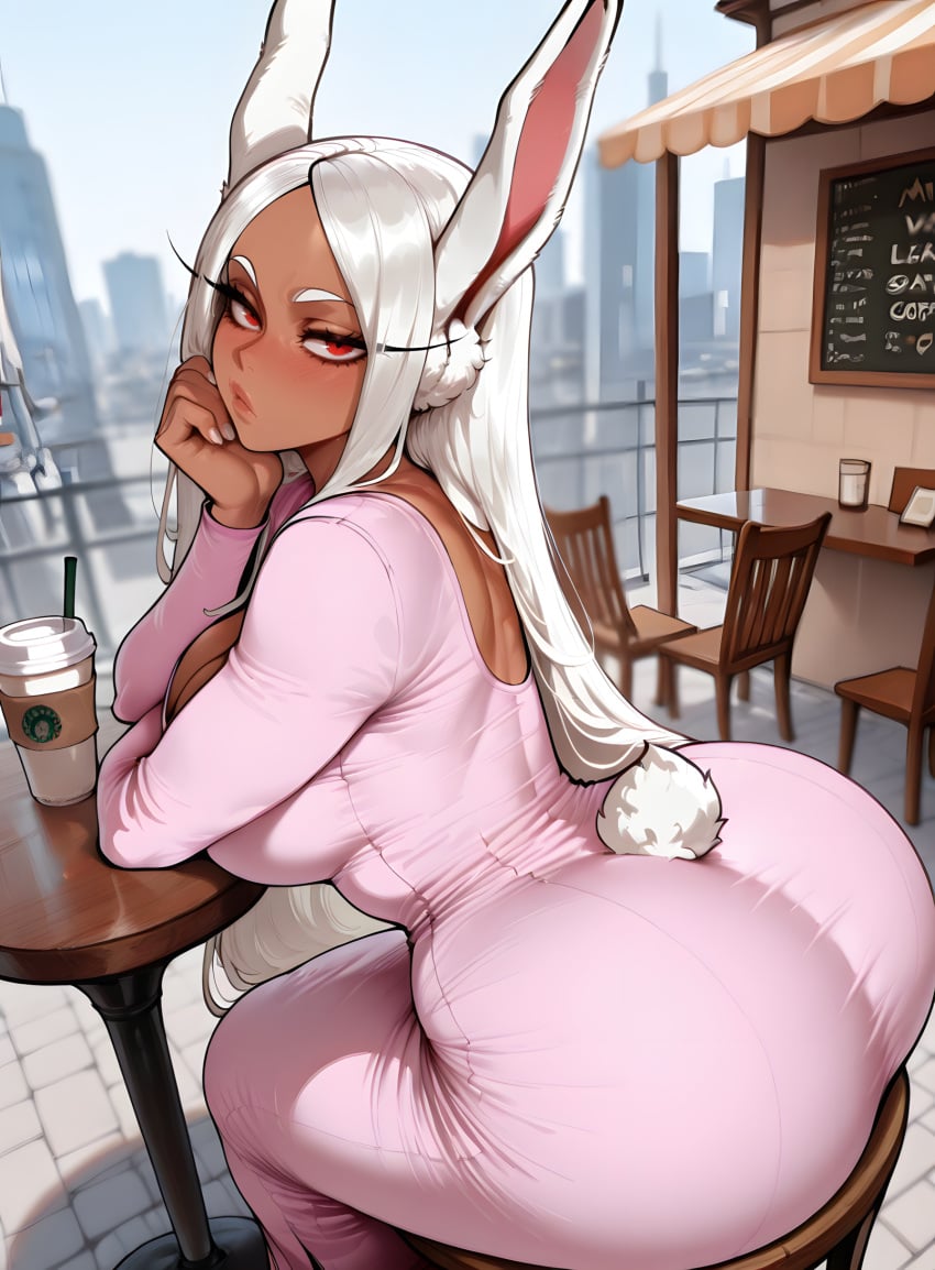 ai_generated boku_no_hero_academia bunny_ears bunny_tail cafe coffee_cup dark-skinned_male dat_ass dreamcoreai hands_on_table huge_breasts long_hair looking_at_viewer massive_ass mirko miruko my_hero_academia pink_dress red_eyes rumi_usagiyama sitting_on_chair starbucks thick_thighs white_hair wide_hips