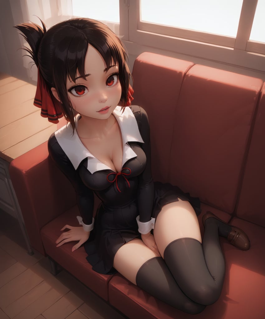 ai_generated bdmaestro black_hair cleavage hairband hand_between_legs leaning_back pleated_skirt red_eyes school_uniform shinomiya_kaguya sitting sofa thighhighs