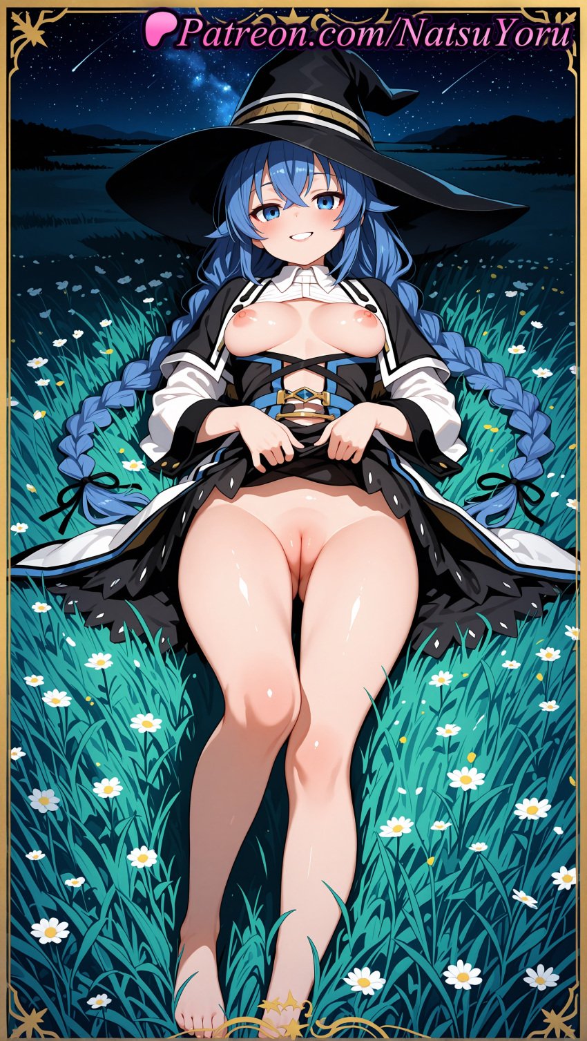 1girls 2025 ai ai_assisted ai_generated alternate_breast_size anime anime_style asian bangs bare_legs barefoot black_headwear black_skirt blue_eyes blue_hair blush braid breasts breasts_apart breasts_out breasts_outside bust busty capelet cleft_of_venus clothes_lift crossed_bangs dress dress_lift feet female_focus female_only flower foot_fetish full_body grass grin hair_between_eyes hat hentai hi_res high_quality high_resolution highres labia_majora large_breasts legs lifted_by_self long_hair long_sleeves looking_at_viewer lying medium_breasts mushoku_tensei natsuyoru night night_sky nipples nipples_outside no_panties on_back on_grass open_clothes outdoors paipan pale_skin patreon pussy roxy_migurdia shooting_star skirt skirt_lift sky small_breasts smile solo solo_female stable_diffusion star_(sky) starry_sky thighs toenails toes twin_braids uncensored uncensored_nipples vagina very_long_hair voluptuous voluptuous_female witch_hat