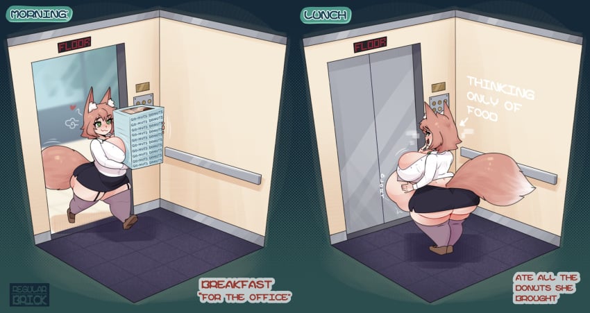 absurd_res animal_humanoid belly big_belly big_breasts breasts canid canid_humanoid canine canine_humanoid dessert doughnut elevator expansion female fluffy fluffy_tail food fox_humanoid hi_res huge_belly humanoid inflation mammal mammal_humanoid pastry regular_brick solo stuffing tail weight_gain