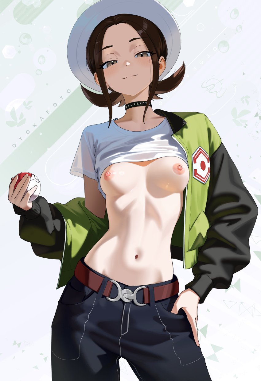 absurd_res artist_name artist_signature baggy_clothing bomber_jacket brown_hair choker female_protagonist_(pokemon_legends:_z-a) hi_res high_resolution highres jeans lifting_shirt nipples off_shoulder otokakoto pokeball pokemon pokemon_(game) pokemon_legends:_z-a pokemon_protagonist posing simple_background small_breasts smug topless white_shirt