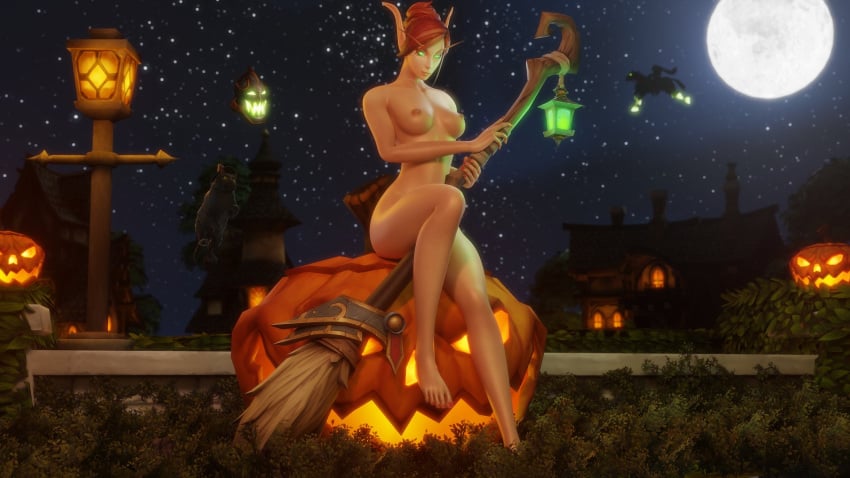 1girls 3d blizzard_entertainment blood_elf female female_only glathryel_tharron halloween jack-o'-lantern light-skinned_female light_skin morilymory nude original_character red_hair solo warcraft world_of_warcraft