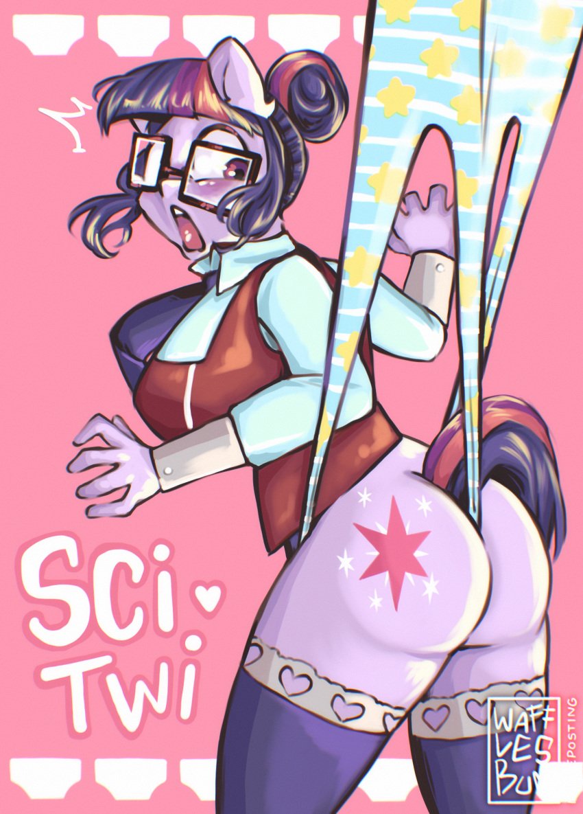 anthro_pony ass busty curvy_female cutie_mark dynamic equestria_girls glasses my_little_pony nerd nerdy_girl open_mouth panties pony starry_panties startled striped_panties thick_thighs thighhighs twilight_sparkle_(eg) twilight_sparkle_(mlp) unicorn wafflesbun wedgie wedgied_female wide_eyed yelping