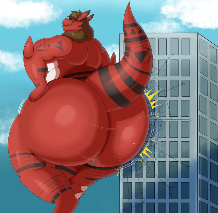 anthro ass bandai_namco big_ass big_butt brown_hair bubble_ass bubble_butt building butt digimon digimon_(species) giant giant_male growlmon hi_res huge_ass huge_thighs hyper hyper_ass hyper_butt hyper_thighs macro male megacoolbear_(artist) nude outside overweight overweight_anthro overweight_male red_body sky solo tail thick_thighs