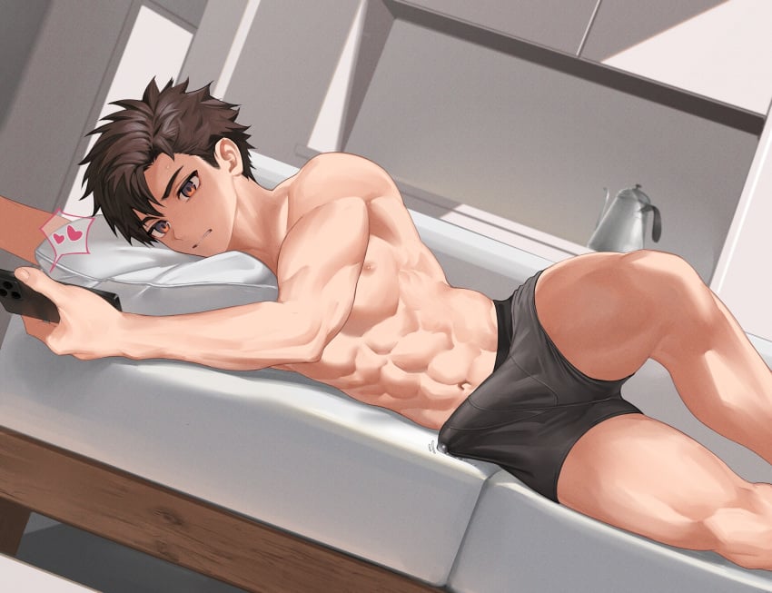 1boy abs biceps big_areola big_bulge blush boxers brown_hair bulge bulge_through_clothing clenched_teeth couch cushion dutch_angle erection erection_under_clothes gay heart hi_res holding_phone indoors kettle looking_at_phone lying lying_on_couch lying_on_side male male_only mature_male muscles muscular muscular_arms muscular_legs muscular_male muscular_thighs navel nayoshi_(r-744) orange_eyes original original_character pecs phone precum precum_bubble precum_drip precum_through_clothing shadow short_hair six_pack smartphone solo topless underwear_only watching_porn wince yaoi young