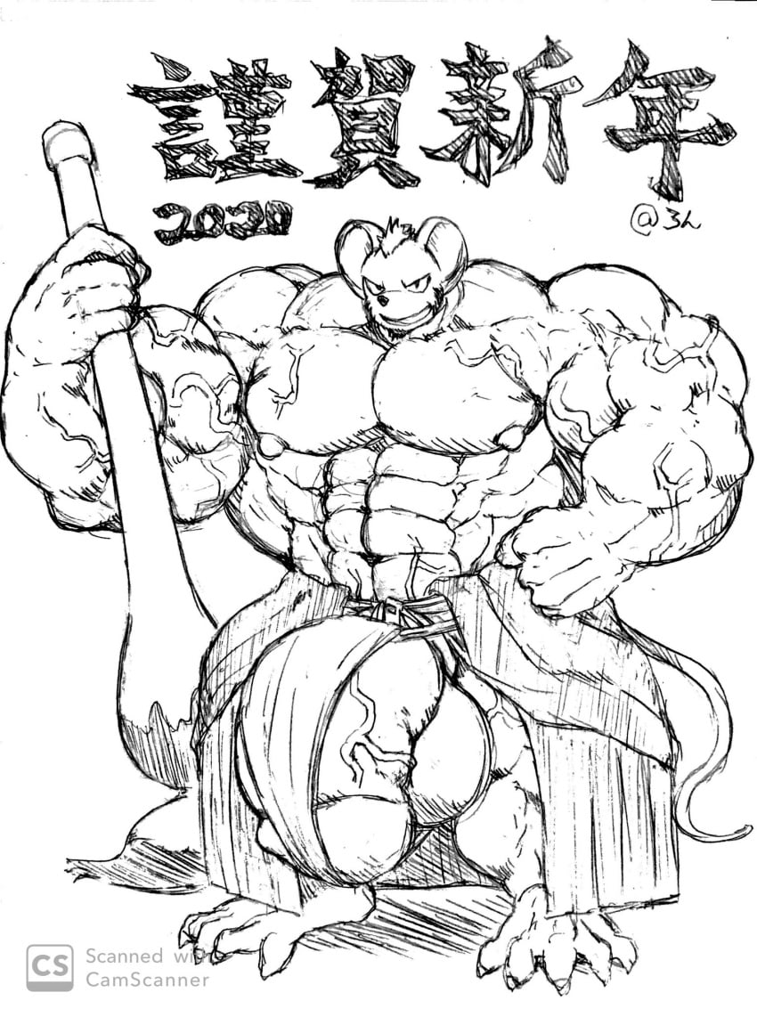 2020 anthro balls bara big_balls big_penis d_ron_r flaccid furry hyper_balls hyper_penis male male_only monochrome muscles muscular penis rat solo solo_male