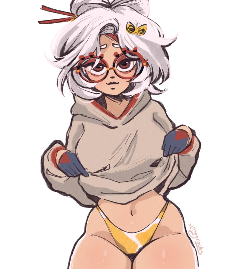 1girls 2023 brown_eyes glasses gloves gold_panties hoodie hoodie_lift looking_at_viewer megrocks navel nintendo no_pants panties presenting presenting_panties purah purah_(tears_of_the_kingdom) short_hair smile tagme tears_of_the_kingdom the_legend_of_zelda thighs white_hair yellow_panties