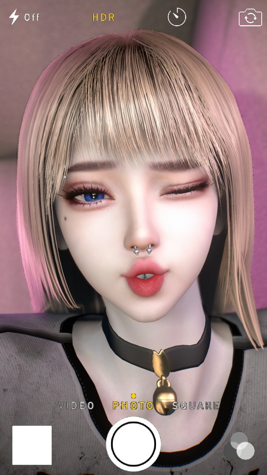 3d 3d_(artwork) beauty_mark blonde_hair blue_eyes choker crashbanditkut dressed eyebrow_piercing eyebrows eyelashes female female_focus hair mole nose_piercing phone_camera photo virt-a-mate virtamate