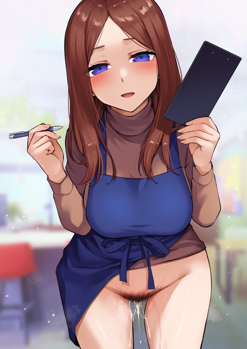 1girls absurdres apron black_hair blue_apron blue_eyes blurry blurry_background bottomless breasts brown_hair brown_sweater commentary_request female female_pubic_hair go-toubun_no_hanayome highres holding holding_menu holding_pencil kinoe_tsuki kouzuki_(majc8345) large_breasts long_hair menu nakano_miku open_mouth pencil pubic_hair shirt short_hair standing sweater thighs