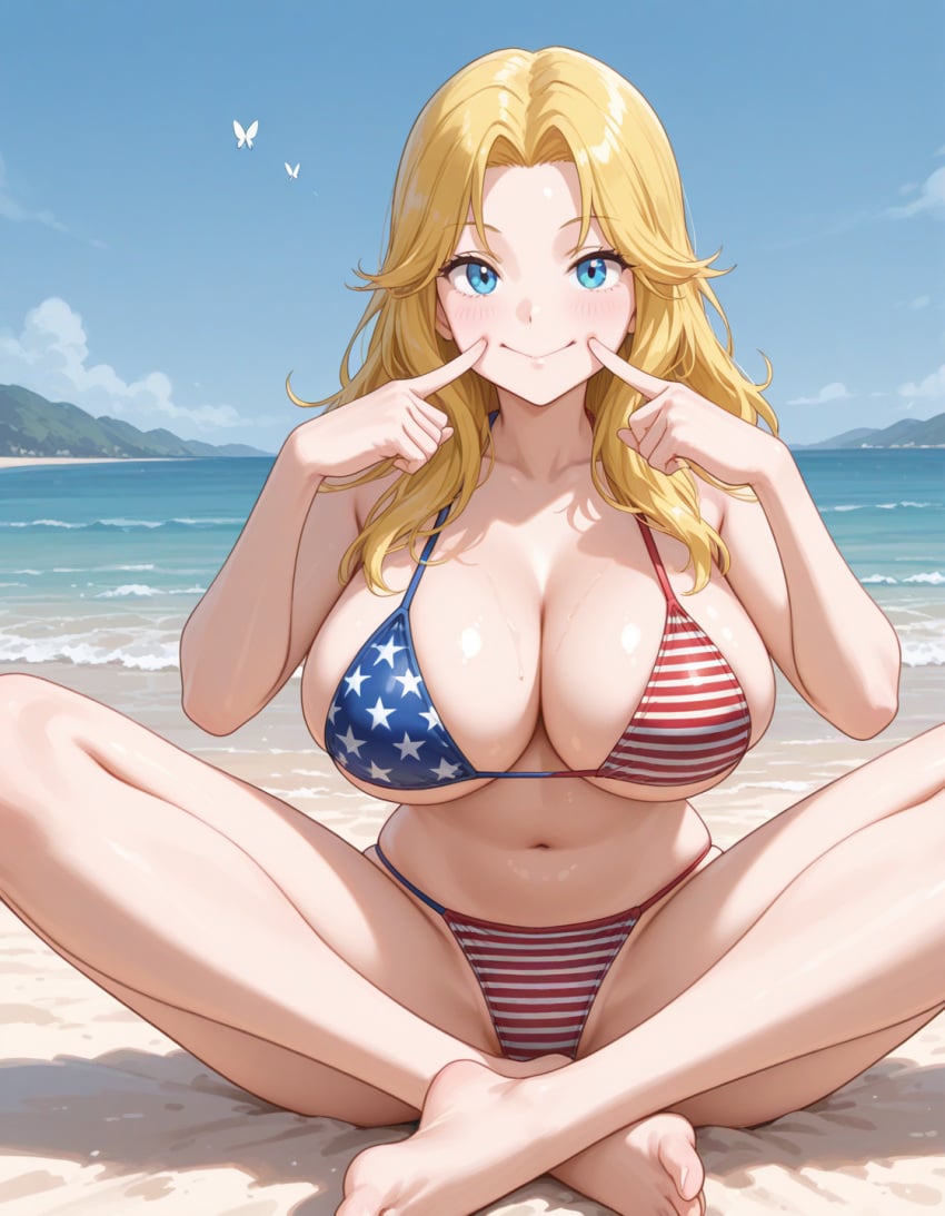 1girls ai_generated american_flag_bikini bare_shoulders barefoot beach big_breasts bikini bird blonde_hair blue_eyes blush breasts civitai cleavage clothing cloud collarbone crossed_legs cute day eyelashes female female_focus female_only highres hips huge_breasts human illustrious_(stable_diffusion) jodie_karen_bakuryuu kochikame large_breasts long_hair looking_at_viewer mountain navel ocean outdoors pinup poking_cheek revealing_clothes shiny_skin sideboob sitting skimpy skindentation smile solo solo_female swimsuit thighs underboob voluptuous water