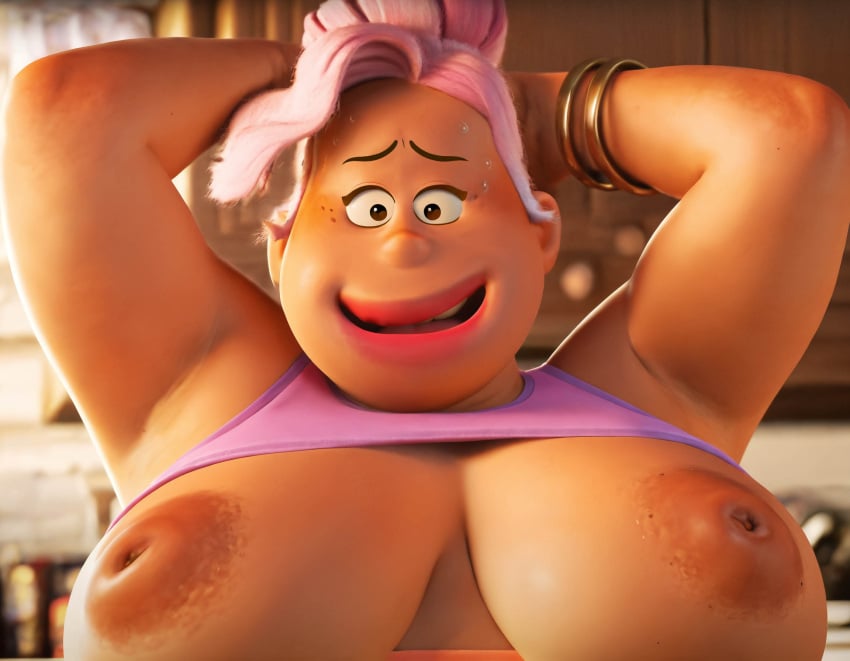 accurate_art_style ai_generated areolae bbw big_breasts bracelet breasts brown_skin clothed clothing disney female female_only hair hair_bun huge_breasts inverted_nipples lipstick mature mature_female milf nervous_smile overweight overweight_female pearlicious8 pink_hair pink_tank_top pixar self_fondle shirt_lift smile sweat tank_top vanessa_kiana win_or_lose_(pixar)