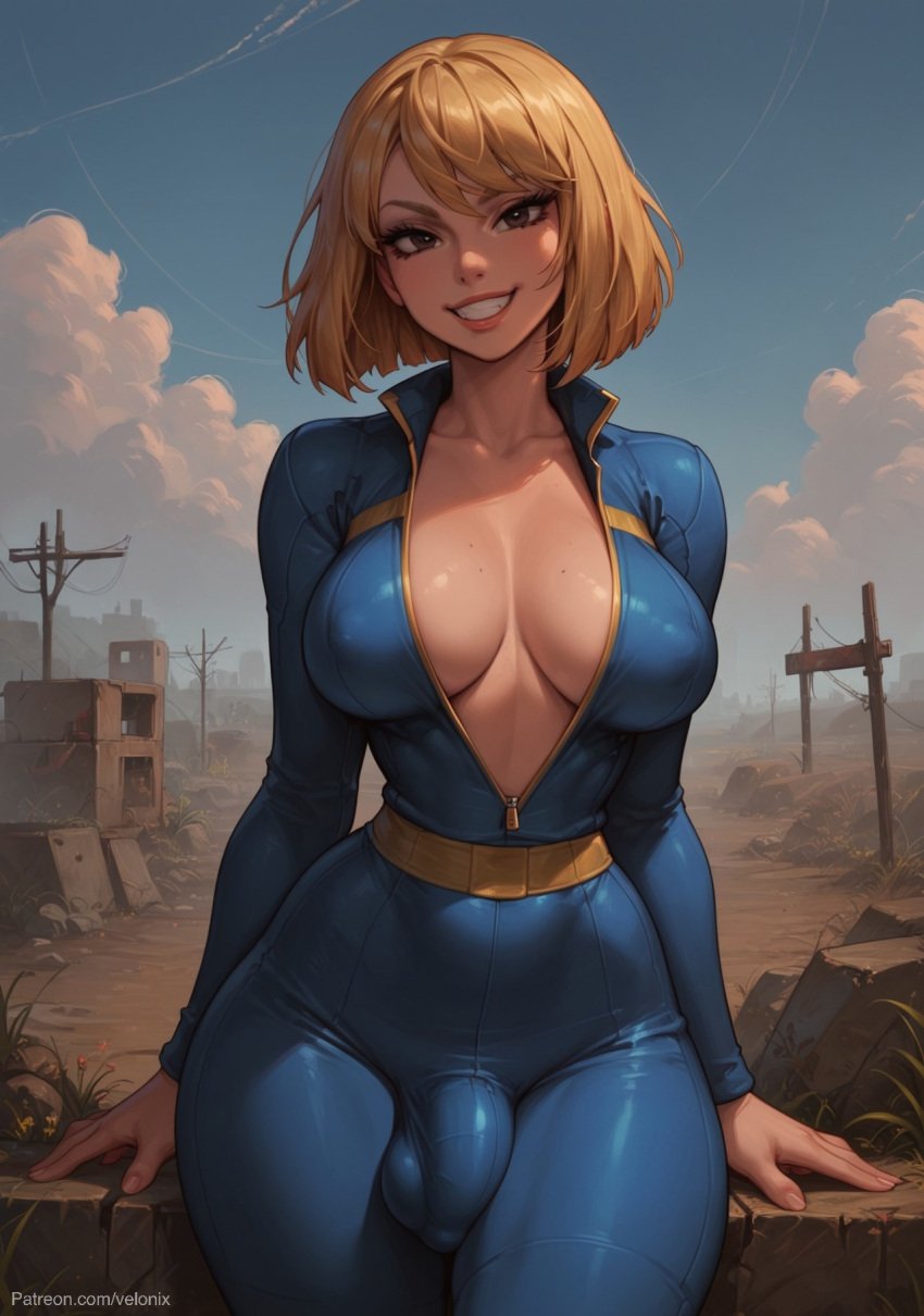 1futa 1futanari ai_generated ass big_ass big_breasts big_butt big_hips big_penis black_eyes blonde_female blonde_hair blonde_hair blue_jumpsuit bob_cut breasts bulge bulge_through_clothing cleavage dick dickgirl eyebrows eyelashes fallout fallout_4 futa_only futanari grin grinning grinning_at_viewer hair hands-free huge_cock jumpsuit lips long_hair looking_at_viewer makeup medium_hair narrow_waist narrowed_eyes nose outdoor_nudity outdoors outside penis seducing seductive seductive_eyes seductive_gaze seductive_look seductive_mouth seductive_pose seductive_smile short_hair smile smile_at_viewer smiley_face smooth_balls smooth_penis smooth_skin solo solo_dickgirl solo_focus solo_futa solo_futanari standing testicles vault_dweller vault_girl vault_suit velonix wasteland yellow_hair