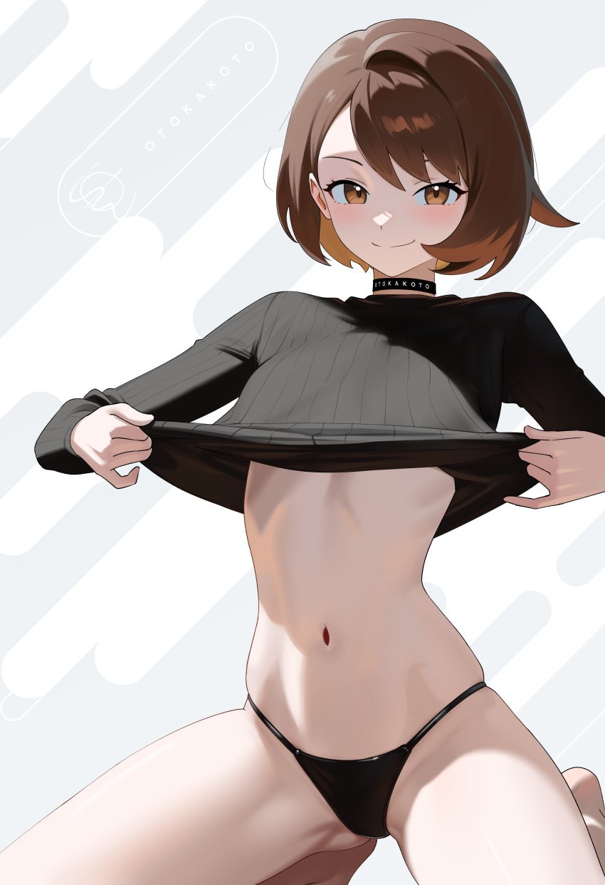 absurd_res artist_name artist_signature black_panties black_shirt choker gloria_(pokemon) hi_res highres kneeling lifting_shirt long_sleeves otokakoto pokemon pokemon_(game) pokemon_ss simple_background smug teasing