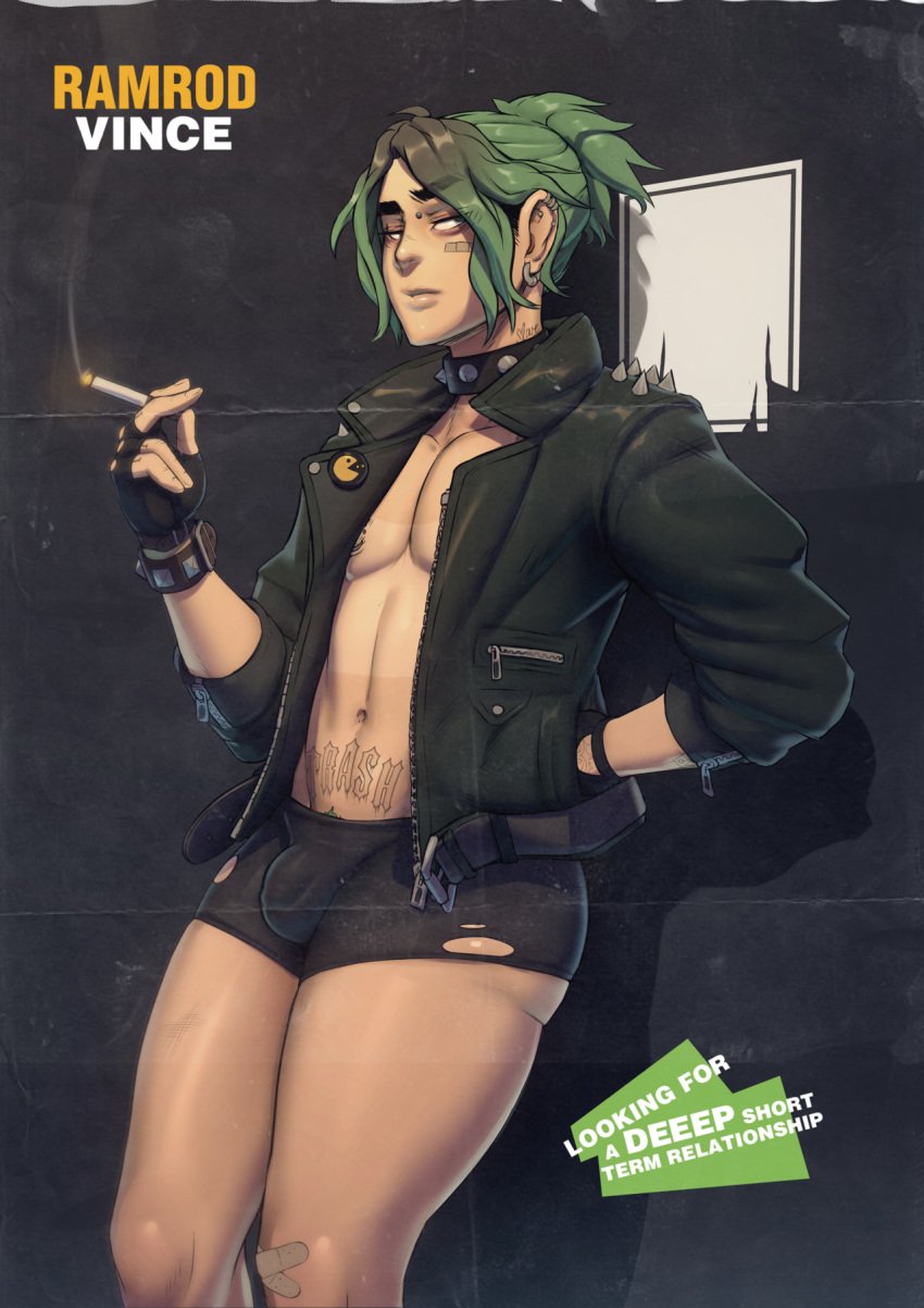 1boy bandaid booty_shorts bulge fingerless_gloves gay green_hair male male_only mali6 piercing pinup prostitution ramrod_vince ripped_clothing short_shorts smoking solo tattoo vincent_(mali6) yaoi