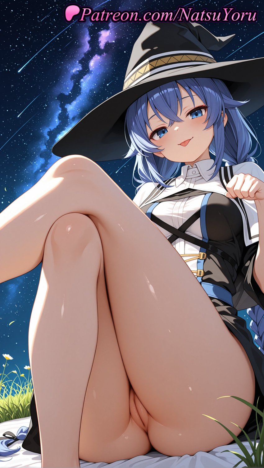 1girls 2025 ai ai_assisted ai_generated anime anime_style asian ass bangs bare_legs black_dress black_headwear blue_eyes blue_hair blush braid breasts bust busty cleft_of_venus crossed_bangs crossed_legs dress feet_out_of_frame female female_focus female_only hair_between_eyes hat hentai hi_res high_quality high_resolution highres juicy_butt labia labia_majora legs long_hair looking_at_viewer medium_breasts mushoku_tensei natsuyoru night night_sky no_panties oshiri outdoors paipan patreon petite purple_hair pussy roxy_migurdia shirt shooting_star sitting sky smile solo solo_female stable_diffusion star_(sky) starry_sky thighs tongue tongue_out twin_braids uncensored vagina voluptuous voluptuous_female white_shirt witch_hat