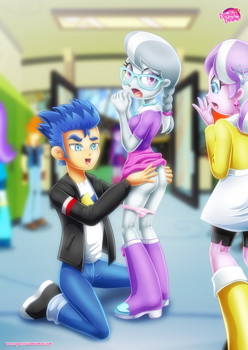 ass bbmbbf boots clothed diamond_tiara diamond_tiara_(eg) equestria_girls equestria_untamed flash_sentry glasses hands_on_ass my_little_pony palcomix panties panties_around_legs panties_down public silver_spoon silver_spoon_(eg) skirt skirt_lift tagme