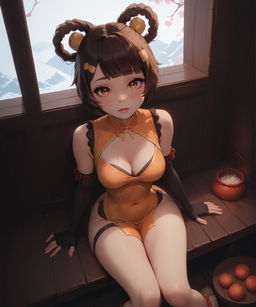 ai_generated bare_shoulders bdmaestro cleavage dress from_above knees_together_feet_apart looking_at_viewer narrow_waist sitting thighs xiangling_(genshin_impact)