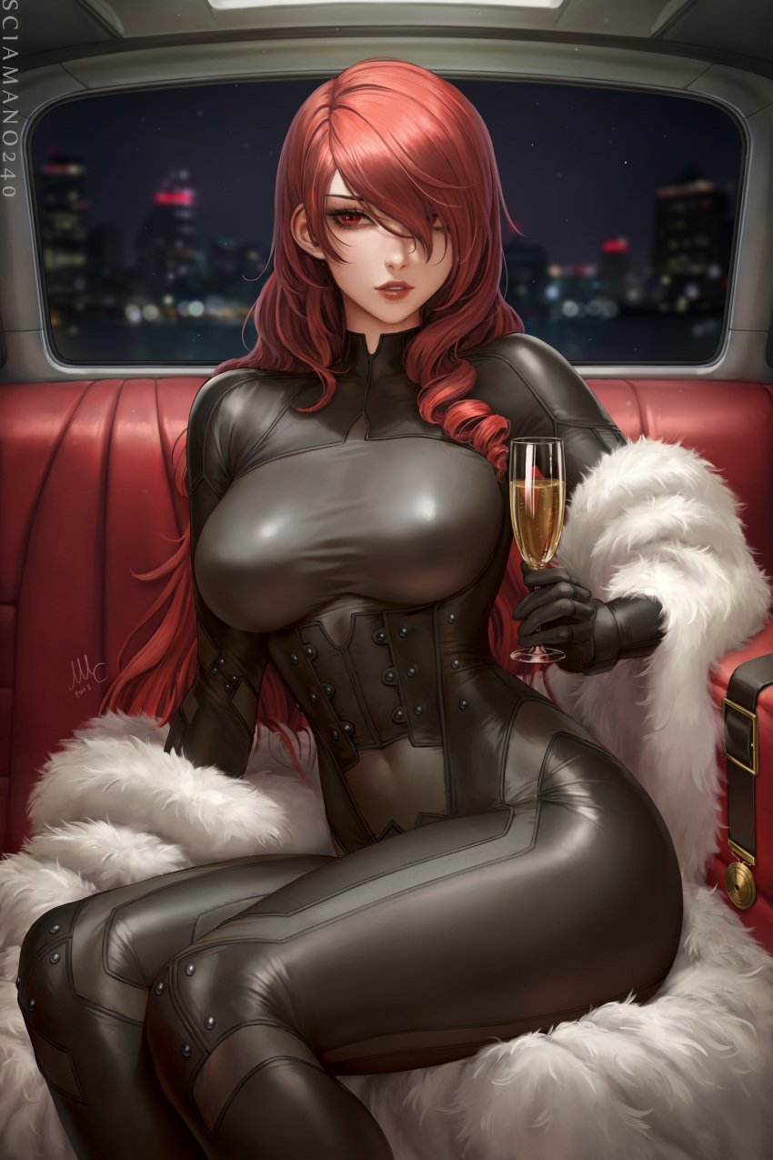 1girls artist_signature atlus bodysuit breasts female female_only fur_coat hair_over_one_eye hartman_hips hips hourglass_figure large_breasts light-skinned_female light_skin long_hair looking_away megami_tensei mitsuru_kirijo naughty_face persona persona_3 persona_4_arena red_hair sciamano240 slim_waist solo solo_female thick_lips thick_thighs thighs watermark wide_hips