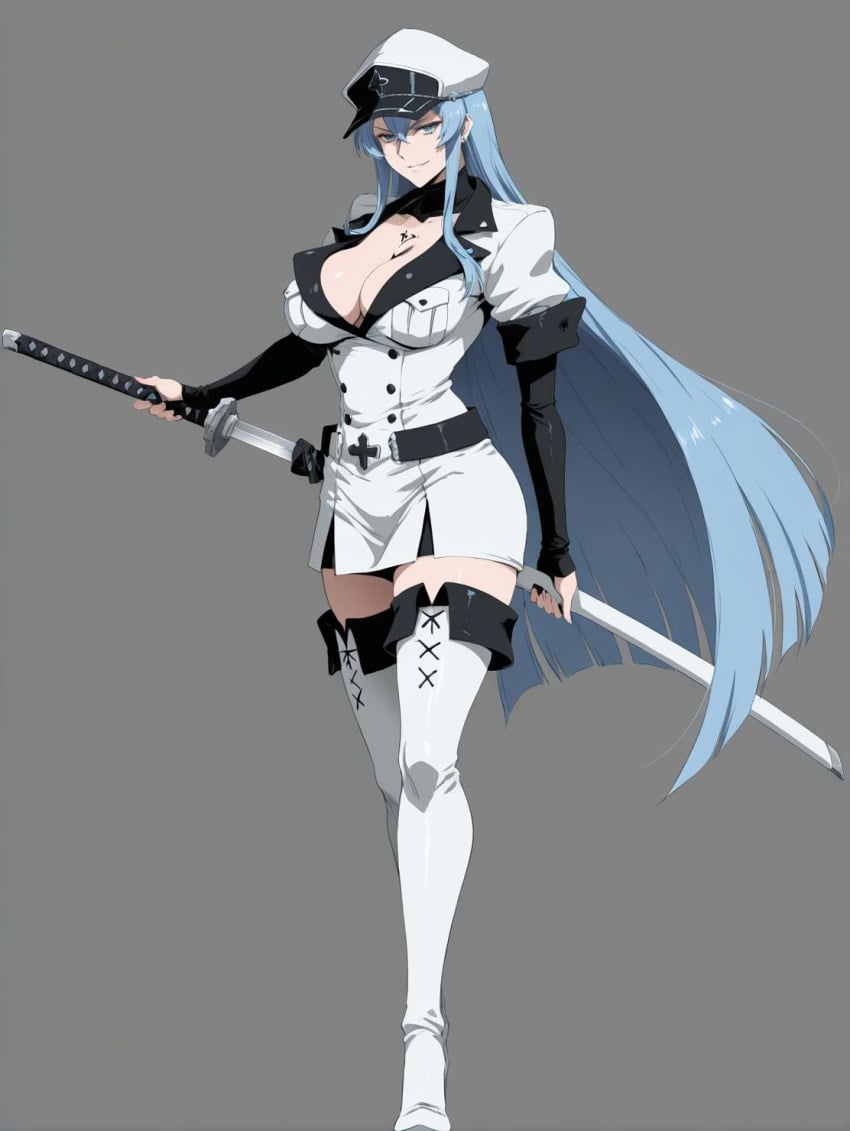 ai_generated akame_ga_kill! bewitching_thighs blue_hair esdeath_(akame_ga_kill!) full_body long_hair shu