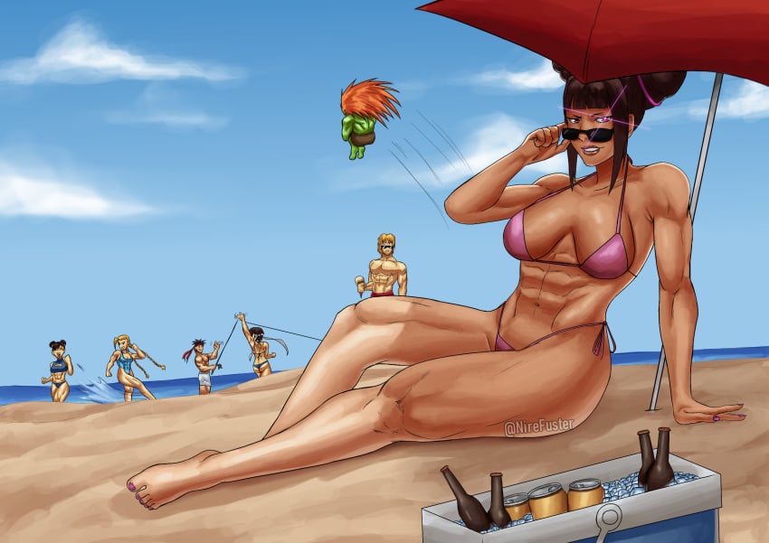 4girls abs adjusting_eyewear adjusting_glasses arm_support bangs barefoot beach beach_umbrella bikini black_hair blanka blunt_bangs breasts cammy_white capcom chun-li cleavage clouds collarbone cooler drill_hair eyewear feet female fishing full_body gesture glowing_eye green_skin hips human juri_han ken_masters large_breasts light-skinned_male looking_over_eyewear looking_over_glasses multiple_boys multiple_girls muscles muscular_female muscular_male nail_polish navel nire orange_hair outdoors pale-skinned_female pale-skinned_male pale_skin perky_breasts pink_bikini pink_nails ryu_(street_fighter) sakura_kasugano side-tie_bikini sideboob sidelocks sitting sky smile soles staring street_fighter sunglasses thick_thighs thighs tinted_eyewear toenail_polish toes toned_female twin_drills twitter_username umbrella waving