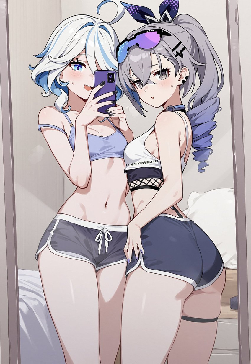 2girl 2girls ai_generated ai_hands anatomically_incorrect casual furina_(genshin_impact) genshin_impact honkai:_star_rail honkai_(series) midriff petite petite_body petite_female shorts sidillusts silver_wolf_(honkai:_star_rail) tummy