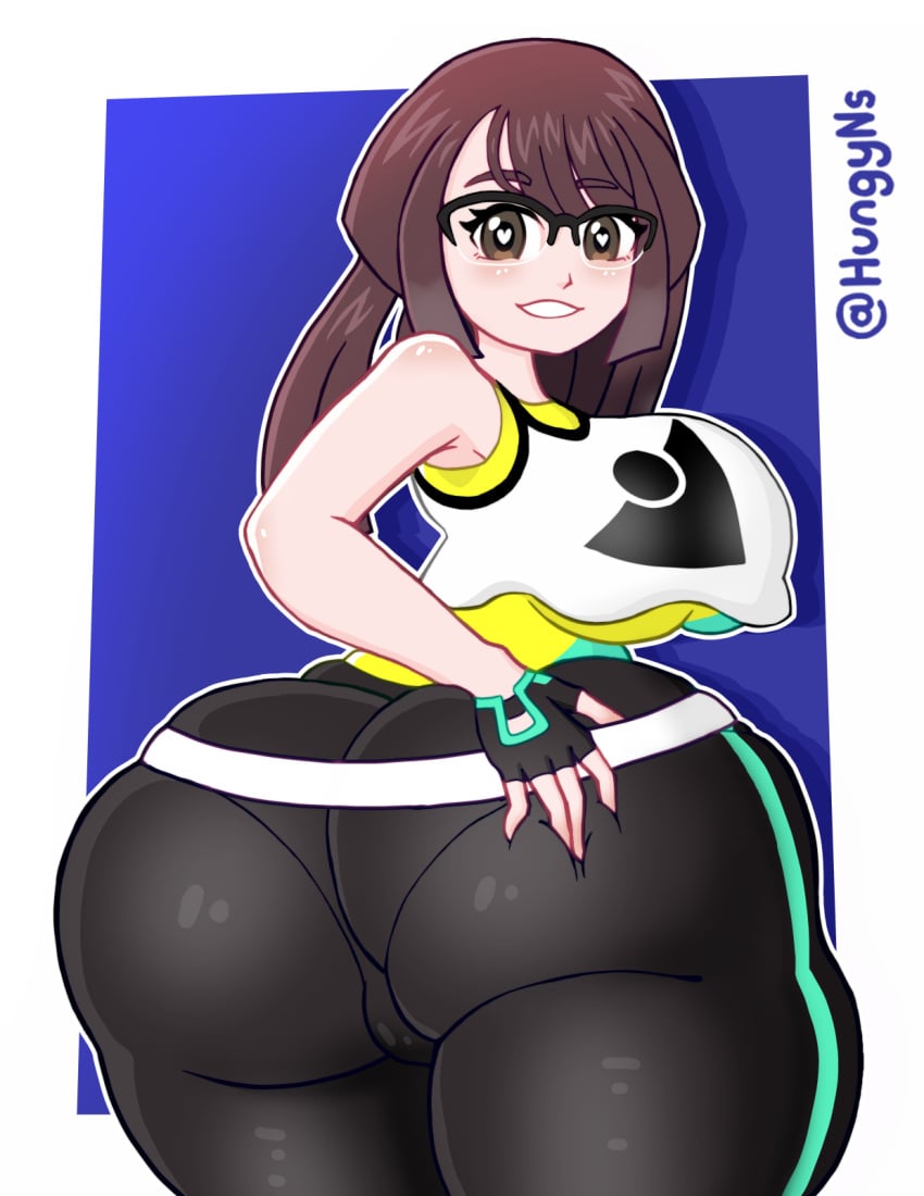 blue_background brown_eyes brown_hair crop_top fingerless_gloves fully_clothed glasses hand_on_butt heart-shaped_pupils huge_ass huge_breasts hungy long_hair looking_at_viewer looking_back nintendo pokemon pokemon_champion pokemon_champions squeezing_butt tight_pants