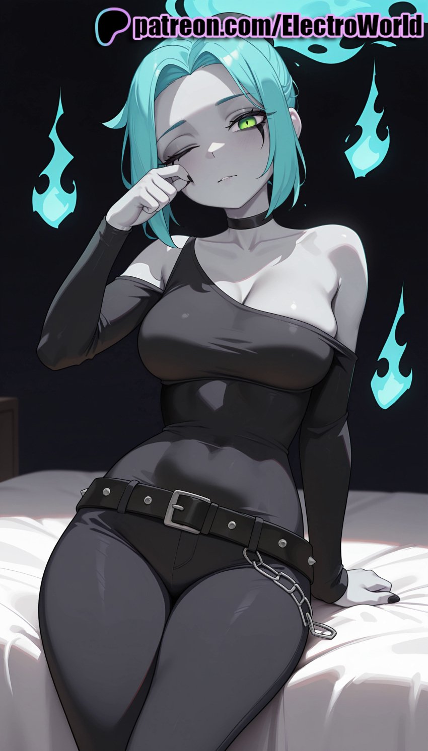 1girls 2025 ai ai_assisted ai_generated anime anime_girl anime_style aqua_hair artist_name bare_shoulders bed bed_sheet belt belt_buckle big_breasts big_chest black_belt black_choker blue_fire breast breasts buckle bust busty chest choker collarbone danny_phantom electroworld ember_mclain english_text female fire ghost green_eyes hi_res high_quality high_resolution highres hitodama large_breasts looking_at_viewer nickelodeon off_shoulder on_bed one_eye_closed patreon patreon_username sitting solo stable_diffusion thick_thighs thighs watermark