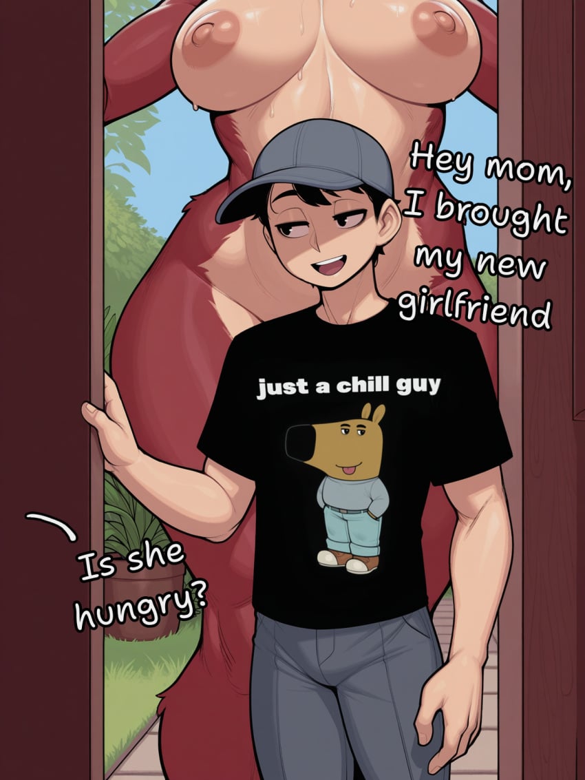 1boy 1girls ai_generated anthro cap dialogue doorway furry hi_res human_male_on_anthro_female large_breasts looking_to_the_side meme nude nude_female pants plant red_fur shirt standing text_on_shirt wheel_of_fortune_(director)