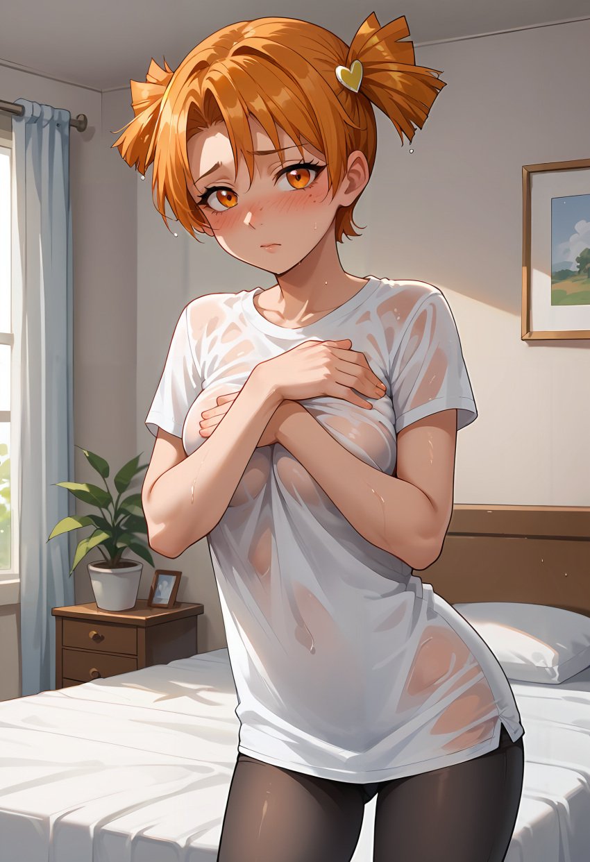 ai_generated alisa_(everlasting_summer) bed bedroom blush everlasting_summer freckles genhartist qr_code red_hair short_hair short_twintails shy skirt standing t-shirt transparent_clothing wet_t-shirt