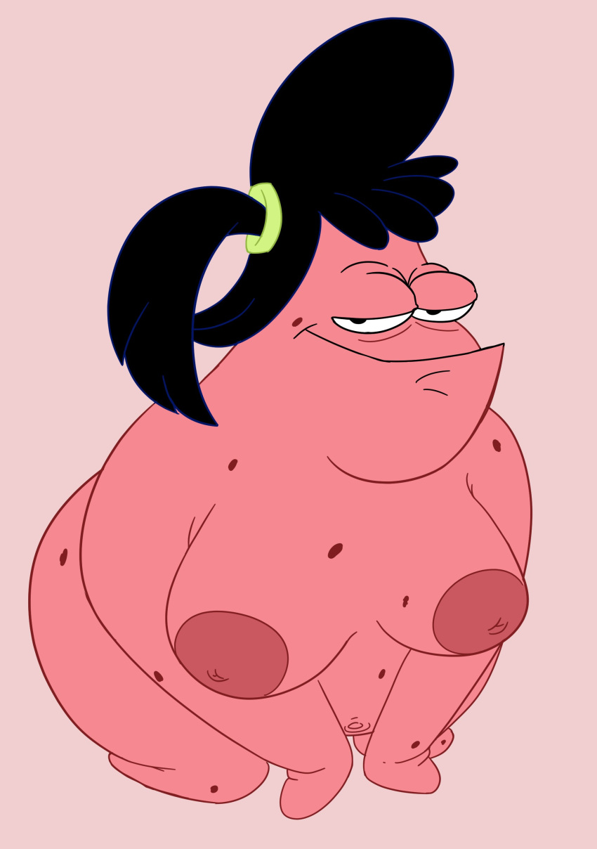 absurd_res anthro asterozoan big_nipples black_hair bob-jiggles breasts echinoderm female hair half-closed_eyes hi_res looking_at_viewer marine narrowed_eyes navel nickelodeon nipples non-mammal_breasts on_hands_and_knees pink_body pinup pinup_pose ponytail pose sam_star scrunchie smile smirk smooth_skin solo spongebob_squarepants spots starfish