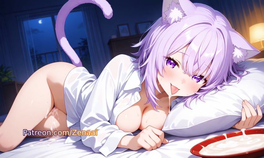 1girls ai_generated animal_ear_fluff animal_ears bangs bed bedroom blush breasts cat_ears cat_girl cat_tail cleavage cum cup female hololive indoors looking_at_viewer lying naked_shirt nekomata_okayu night patreon pillow purple_eyes purple_hair shirt solo sweat tail tongue tongue_out virtual_youtuber wet wet_pussy white_shirt zenaai