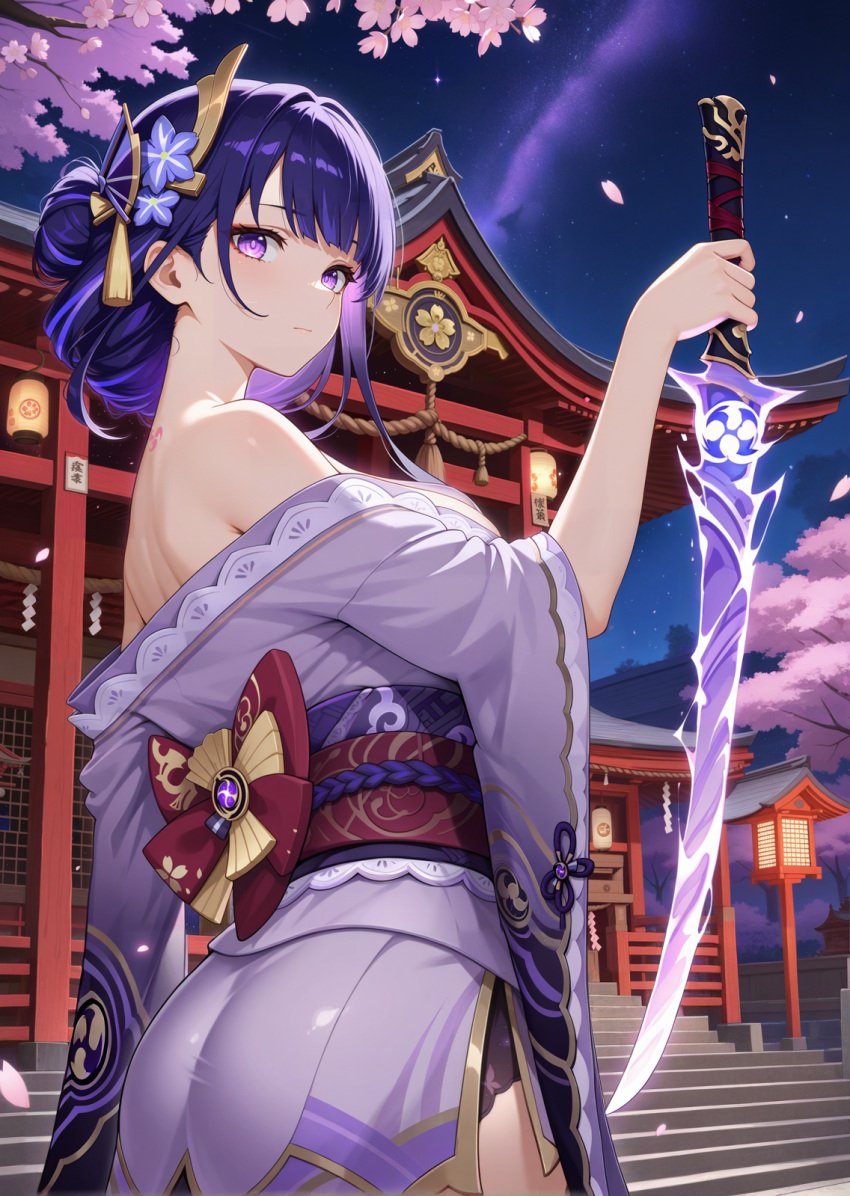 ai_generated bare_shoulders bun_hair genshin_impact hoyoverse mihoyo purple_hair raiden_ei raiden_shogun sexy shrine solo sword temple