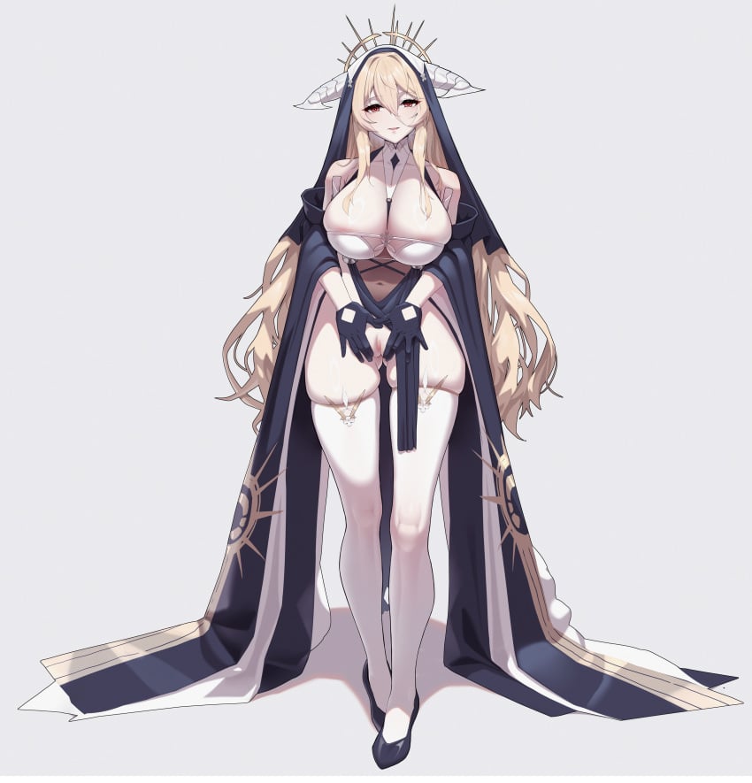 absurdres ass_visible_through_thighs azur_lane bare_shoulders black_gloves black_shoes blonde_hair breast_cutout breasts clothing_aside commentary_request covered_navel fake_horns female flashing full_body gloves hair_between_eyes half_gloves highres horns huge_breasts implacable_(azur_lane) lifting_own_clothes long_hair long_hair_between_eyes looking_at_viewer manzai_sugar no_panties nun pelvic_curtain pelvic_curtain_aside pussy red_eyes revealing_clothes shoes simple_background skindentation solo thighhighs veil very_long_hair white_background white_horns white_thighhighs