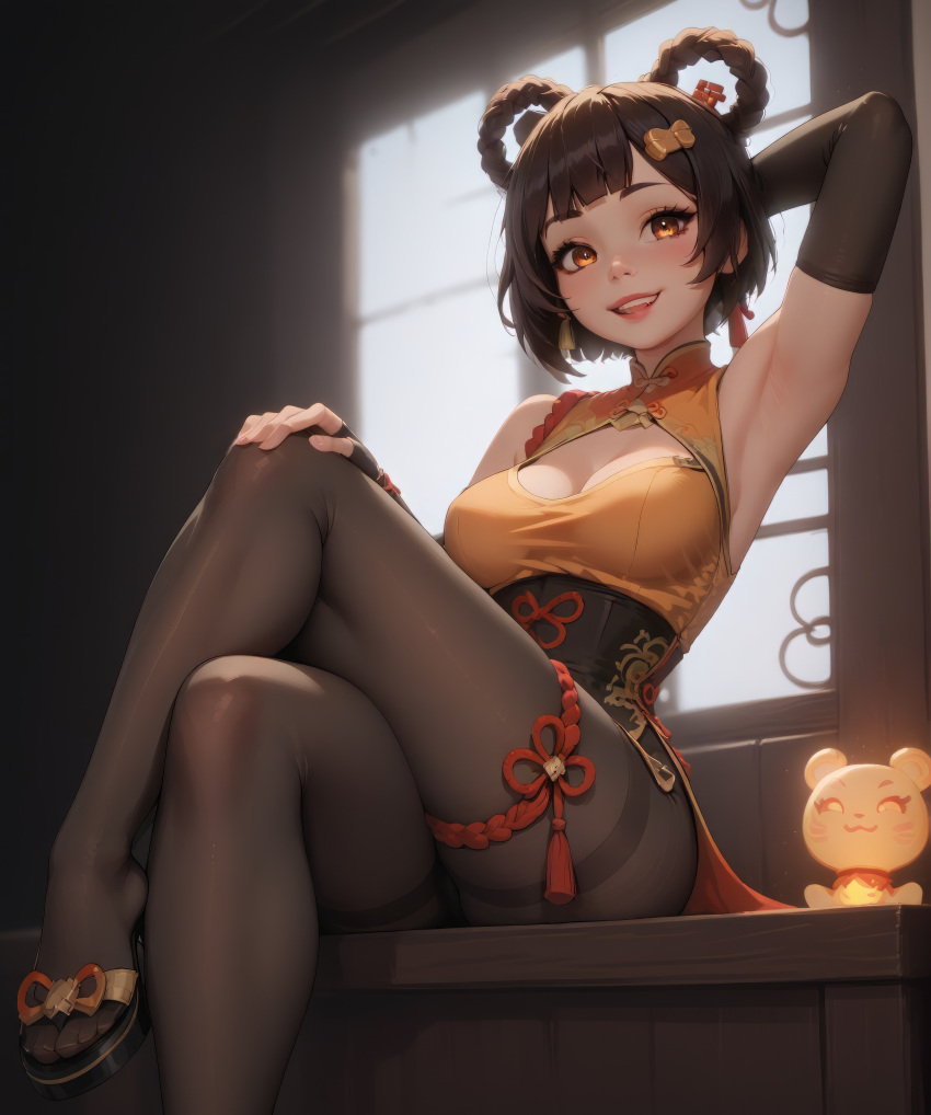 ai_generated armpit bdmaestro cleavage crossed_legs pantyhose sitting smile xiangling_(genshin_impact)