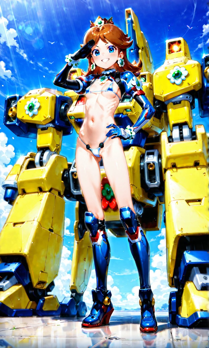 ai ai_generated confident generated heroic highleg highres mario_(series) mecha mechabare non-web_source pilot princess_daisy robot salute smile