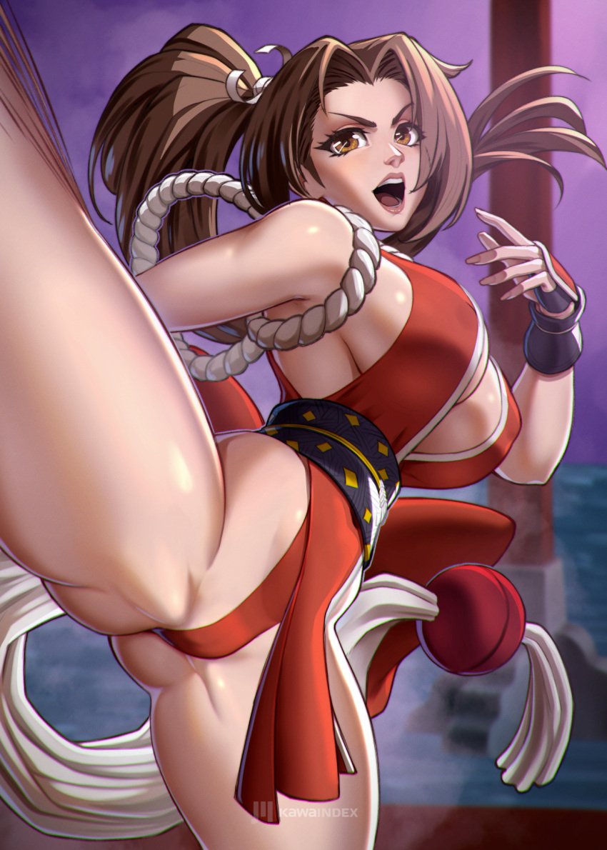 1girls bare_arms bare_legs bare_shoulders bare_thighs big_breasts brown_eyes brown_hair clothed clothing color female female_focus female_only fight fighting hi_res kawaindex king_of_fighters large_breasts light-skinned_female light_skin long_hair looking_at_viewer mai_shiranui ponytail solo solo_female tagme thick_thighs