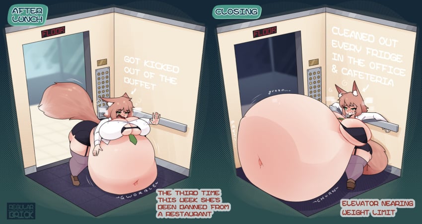 absurd_res animal_humanoid belly belly_inflation big_belly big_breasts breasts canid canid_humanoid canine canine_humanoid elevator female fox_humanoid hi_res huge_belly huge_breasts humanoid hyper hyper_belly inflation mammal mammal_humanoid regular-brick solo stuffing weight_gain