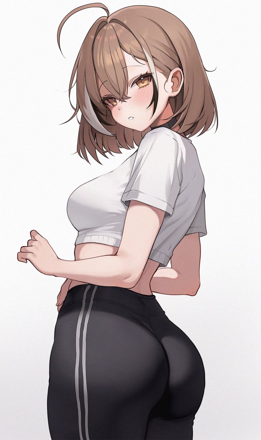 1girls ass ass_focus back back_view blush brown_eyes brown_hair choker cowlick crop_top gym_clothes hololive hololive_english hololive_english_-council- hololive_english_-promise- koahri looking_back multicolored_hair nanashi_mumei open_mouth short_hair sideboob sweatpants virtual_youtuber yoga_pants