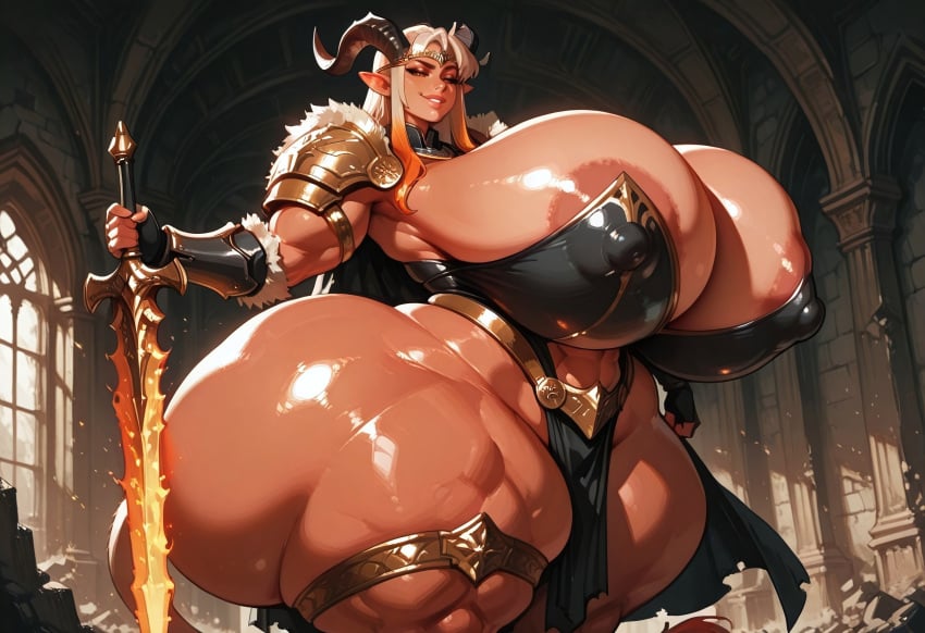 1girls abs ai_generated areola_slip areolae armor ass big_lips blonde_hair breasts breasts_bigger_than_head brown_eyes butt_bigger_than_body butt_bigger_than_head butt_bigger_than_torso cleavage cleavage_overflow clothed elf elf_ears female_focus gigantic_breasts horns huge_ass huge_breasts huge_butt hyper hyper_ass hyper_breasts hyper_butt indoors isometria large_ass large_breasts lips long_hair massive_ass massive_breasts massive_butt multicolored_hair muscular_female nipple_bulge orange_highlights overflowing_breasts solo_female standing sword tan_skin thick_thighs thigh_strap tight_clothing