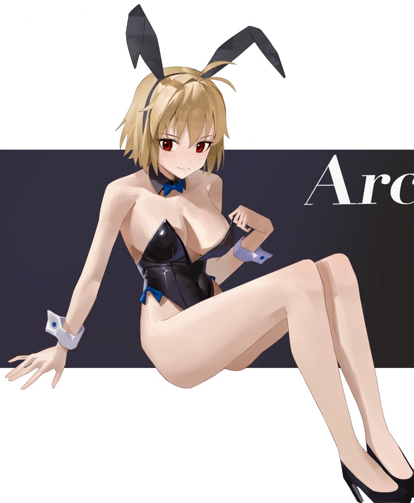 1girls absurdres animal_ears arcueid_brunestud bare_shoulders big_breasts black_high_heels black_leotard blonde_hair blush breasts character_name cleavage fake_animal_ears female full_body highres large_breasts leotard looking_at_viewer melty_blood o_taku playboy_bunny rabbit_ears red_eyes seducing seductive seductive_look short_hair simple_background smile solo strapless strapless_leotard tsukihime type-moon wide_hips wrist_cuffs