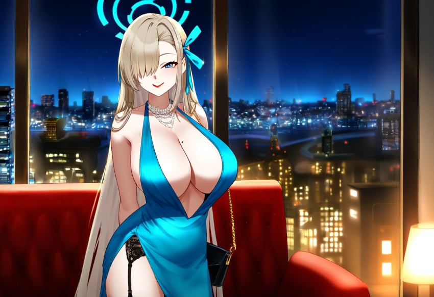 ai_generated arm_at_side arms_behind_back asuna_(blue_archive) asymmetrical_bangs black_thighhighs blonde_hair blue_archive blue_dress blue_eyes cityscape cleaning_&_clearing_(blue_archive) cleavage earrings evening_gown female garter_belt hair_over_one_eye hair_ribbon halo halter_dress handbag indoors jewelry large_breasts long_hair looking_at_viewer millennium_science_school_student mole_on_breast necklace night novelai plunging_neckline red_lipstick revealing_clothes seductive_look smile solo_female standing thighs