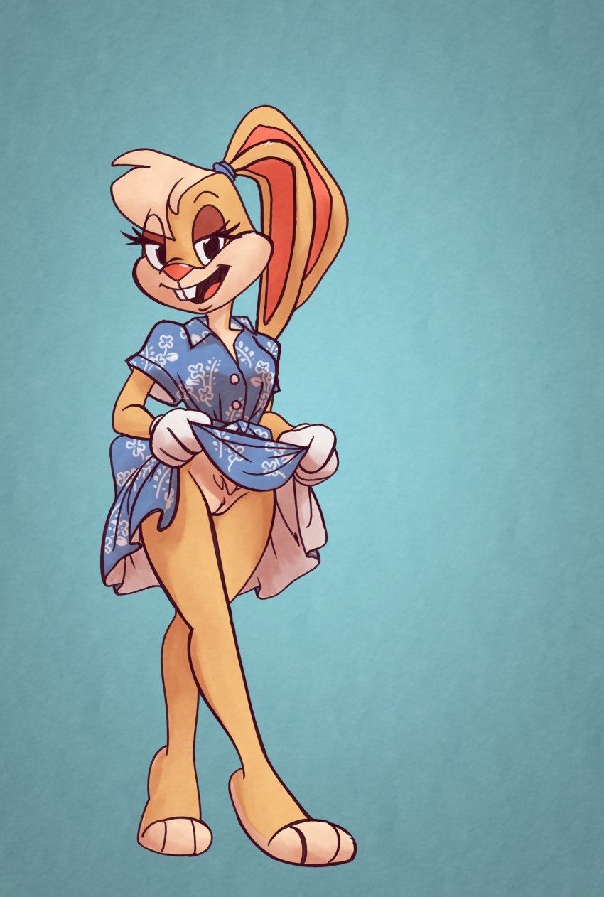 absurd_res anthro bottomless bottomwear clothed clothing clothing_lift female furry_only genitals hair hi_res lagomorph leporid lola_bunny looking_at_viewer looney_tunes mammal passionatefloorromance ponytail pubes pussy rabbit skirt skirt_lift solo standing upskirt warner_brothers