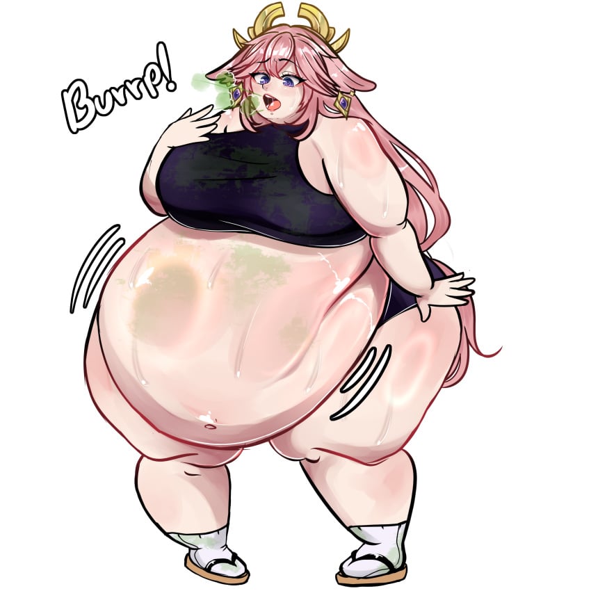 1girls bbw burp fat_thighs female female_only genshin_impact missicake overweight overweight_female revealing_clothes slob yae_miko