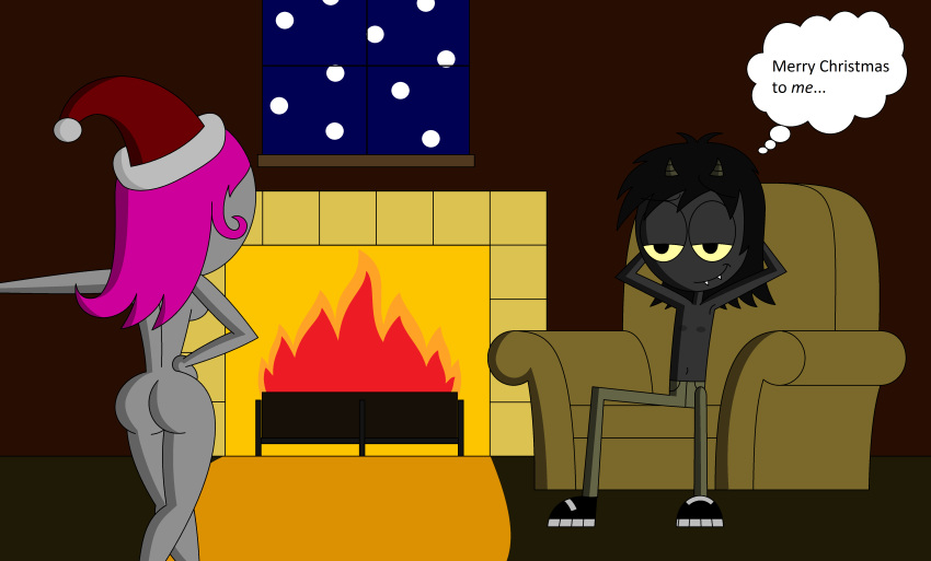 1boy 1boy1girl 1girls armchair ass black_hair black_skin burtonberg chair christmas cyclops dante_creeper_(montatora-501) demon fangs female fire fireplace grey_skin half-closed_eyes hands_behind_head hands_on_hips horns male monster monster_boy monster_girl montatora-501 night nude omegusmaximus original_character pink_hair santa_hat shirtless simone_pazookie_(montatora-501) smile thejayman49 thejayster49 thought_bubble thought_cloud yellow_eyes