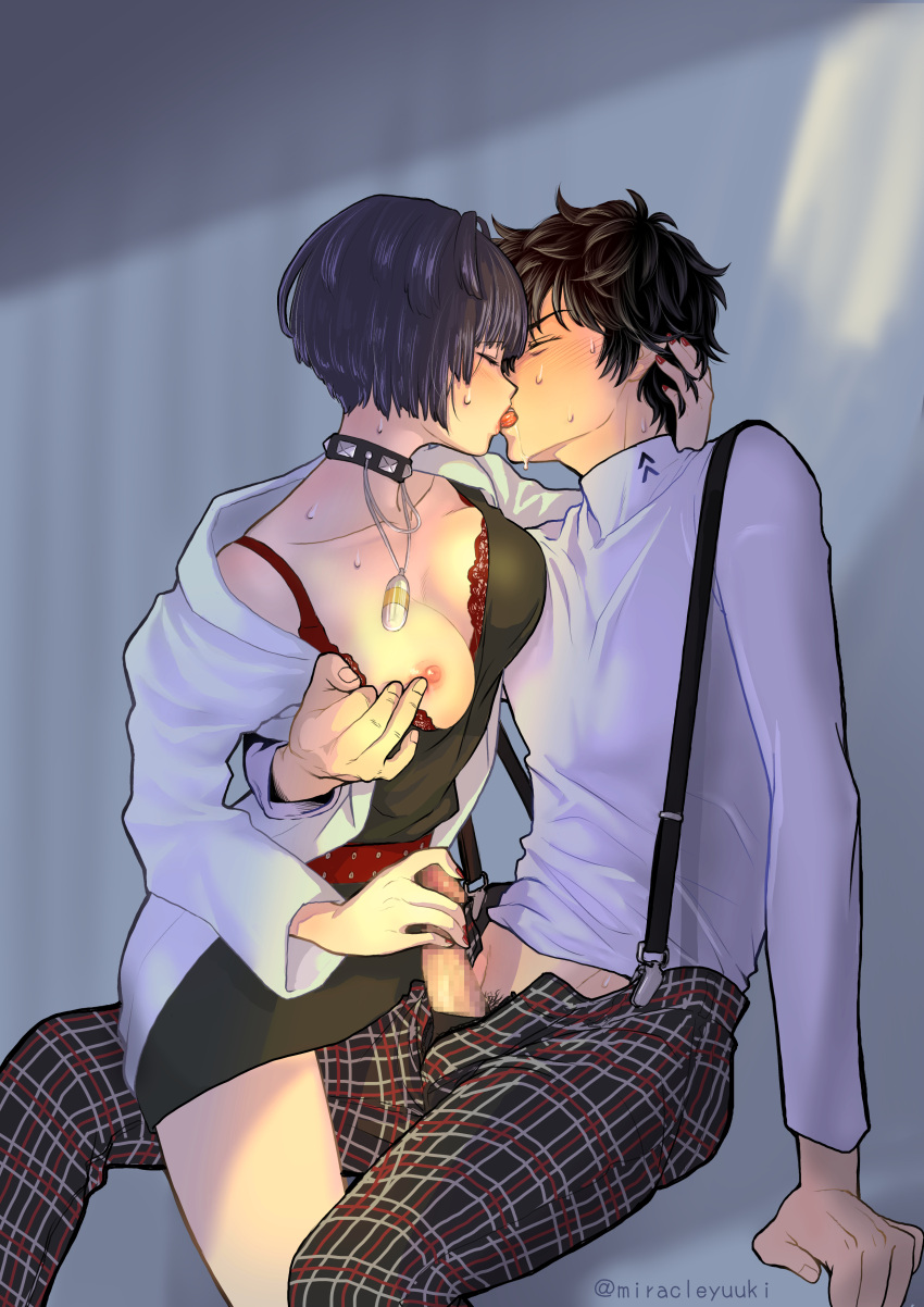 1boy absurdres akira_kurusu black_hair bra breasts censored closed_eyes collar erection female french_kiss handjob highres jewelry joker_(persona) kissing labcoat lace-trimmed_bra lace_trim male miracleyuuki_(artist) mosaic_censoring necklace nipples one_breast_out pants penis persona persona_5 plaid plaid_pants red_bra ren_amamiya short_hair shuujin_academy_uniform studded_choker studded_collar sweat tae_takemi unaligned_breasts underwear undressing